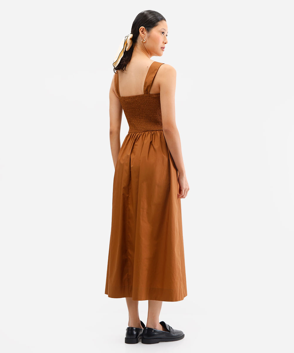 vestido midi feminino de algodão com lastex marrom