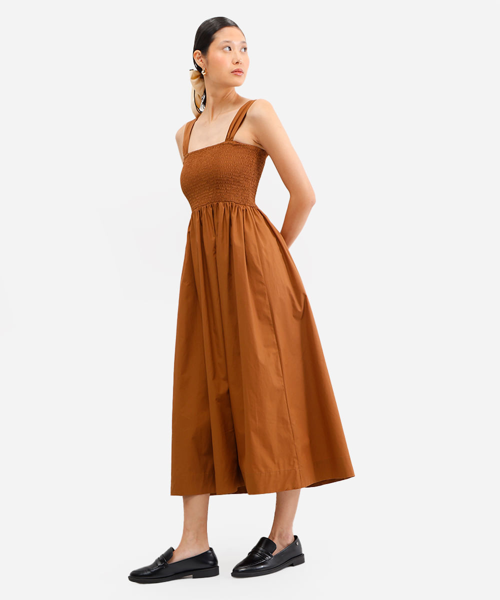 vestido midi feminino de algodão com lastex marrom