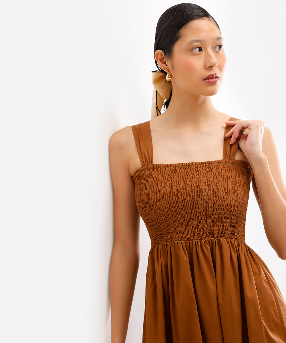 vestido midi feminino de algodão com lastex marrom