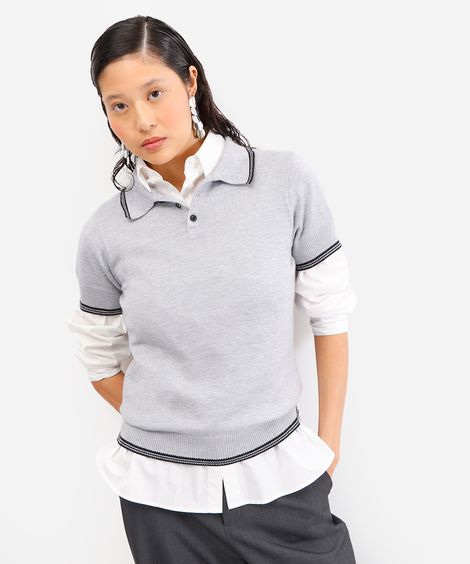 polo feminina de tricot manga curta cinza