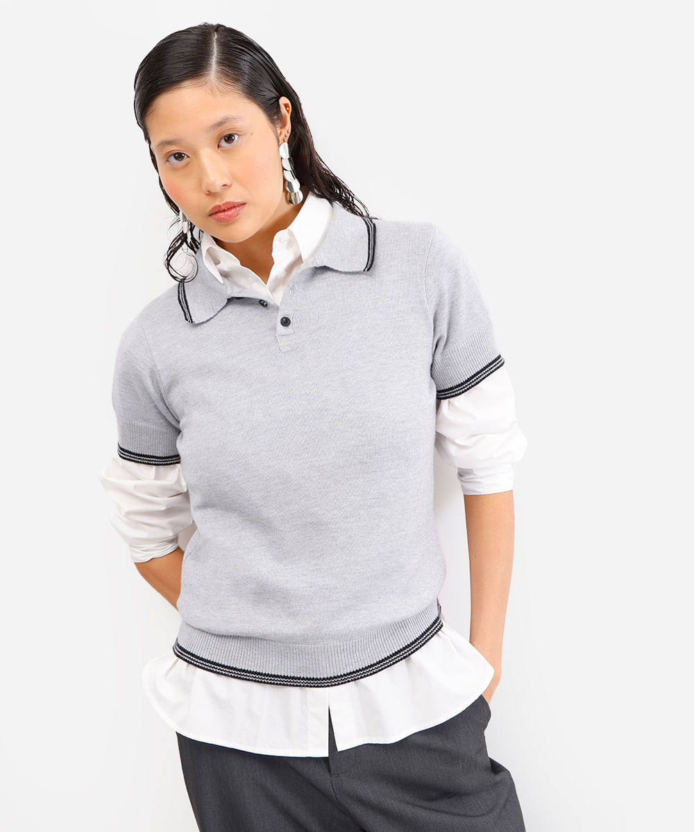 polo feminina de tricot manga curta cinza
