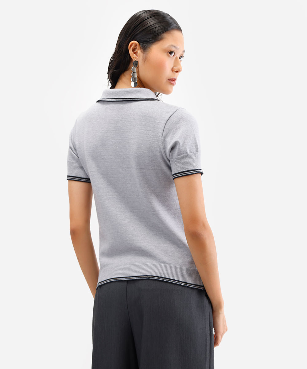 polo feminina de tricot manga curta cinza