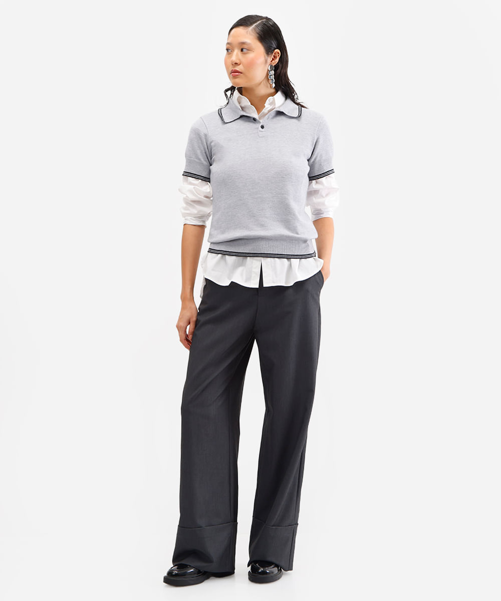 polo feminina de tricot manga curta cinza