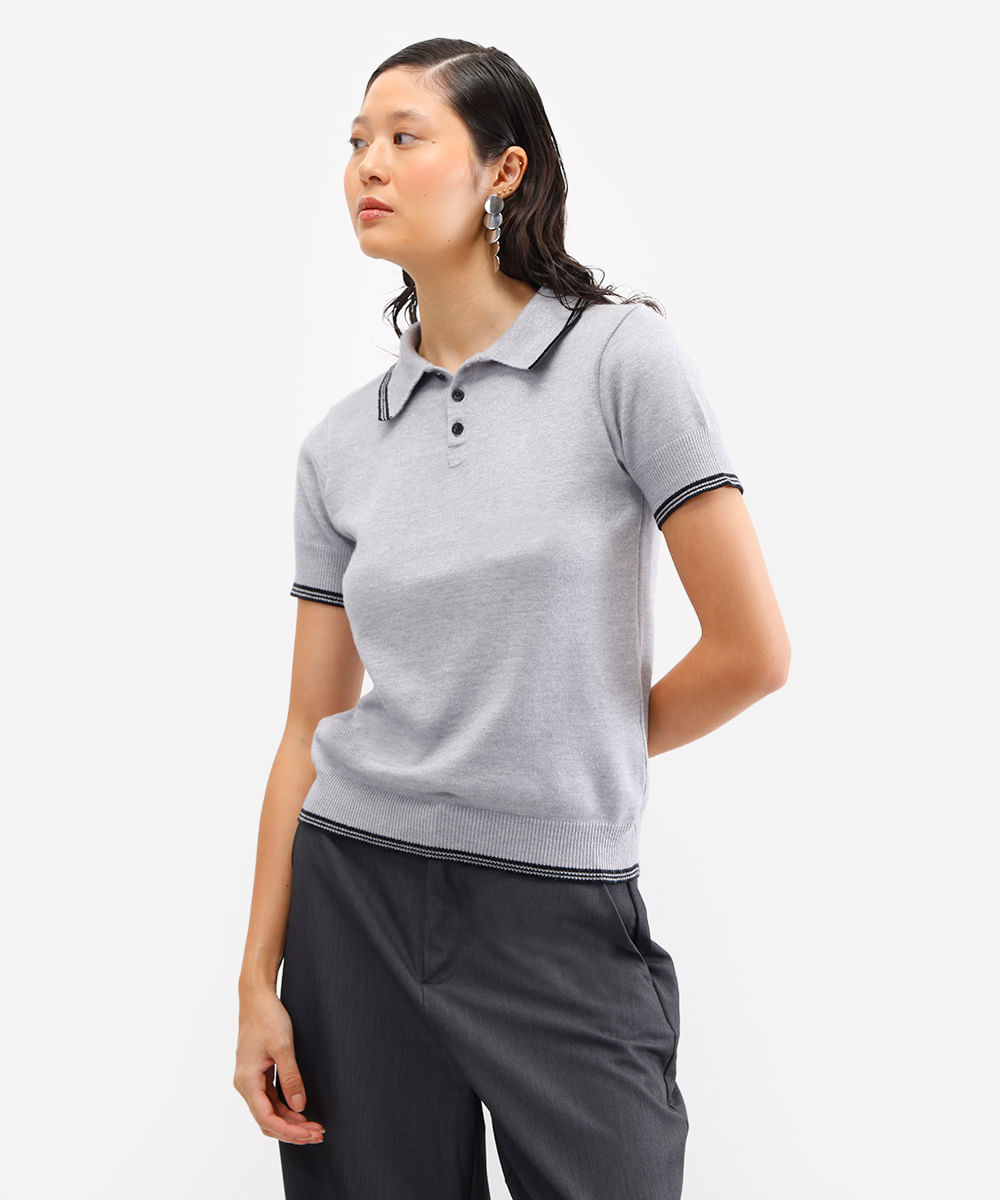 polo feminina de tricot manga curta cinza