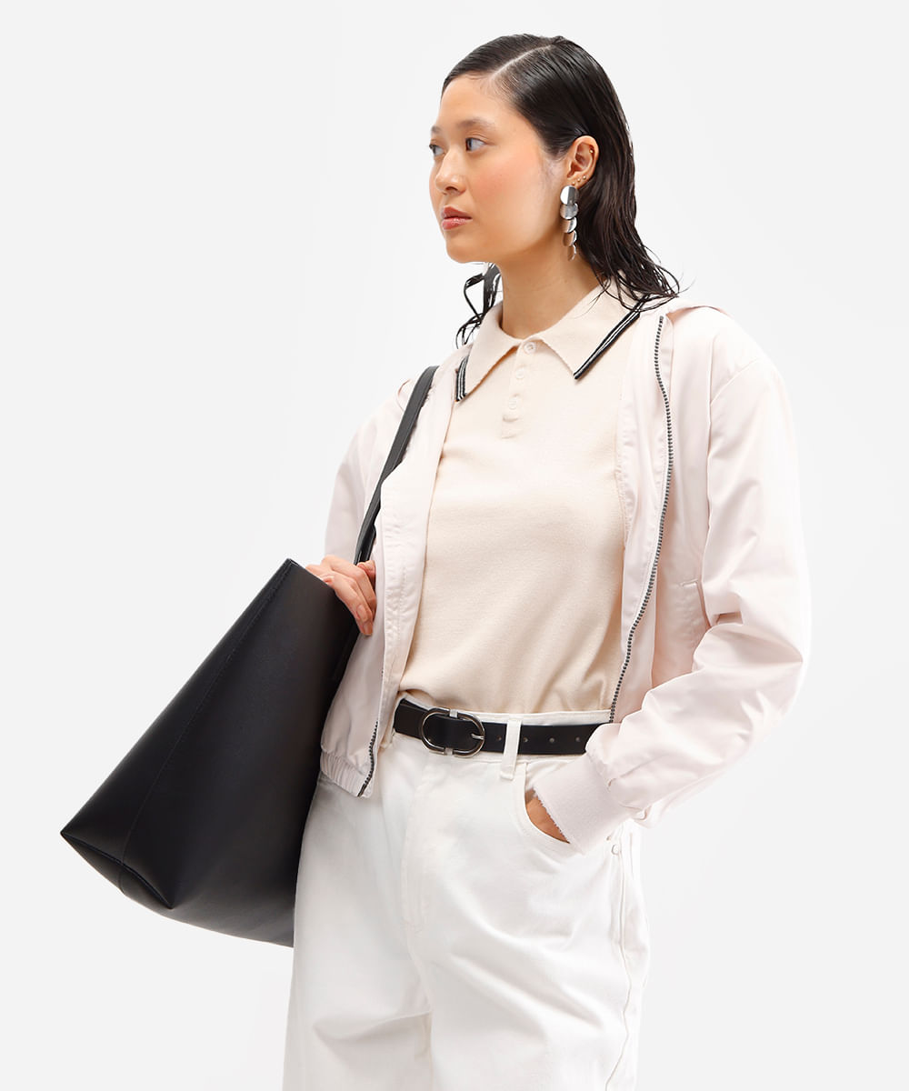 polo feminina de tricot manga curta off white