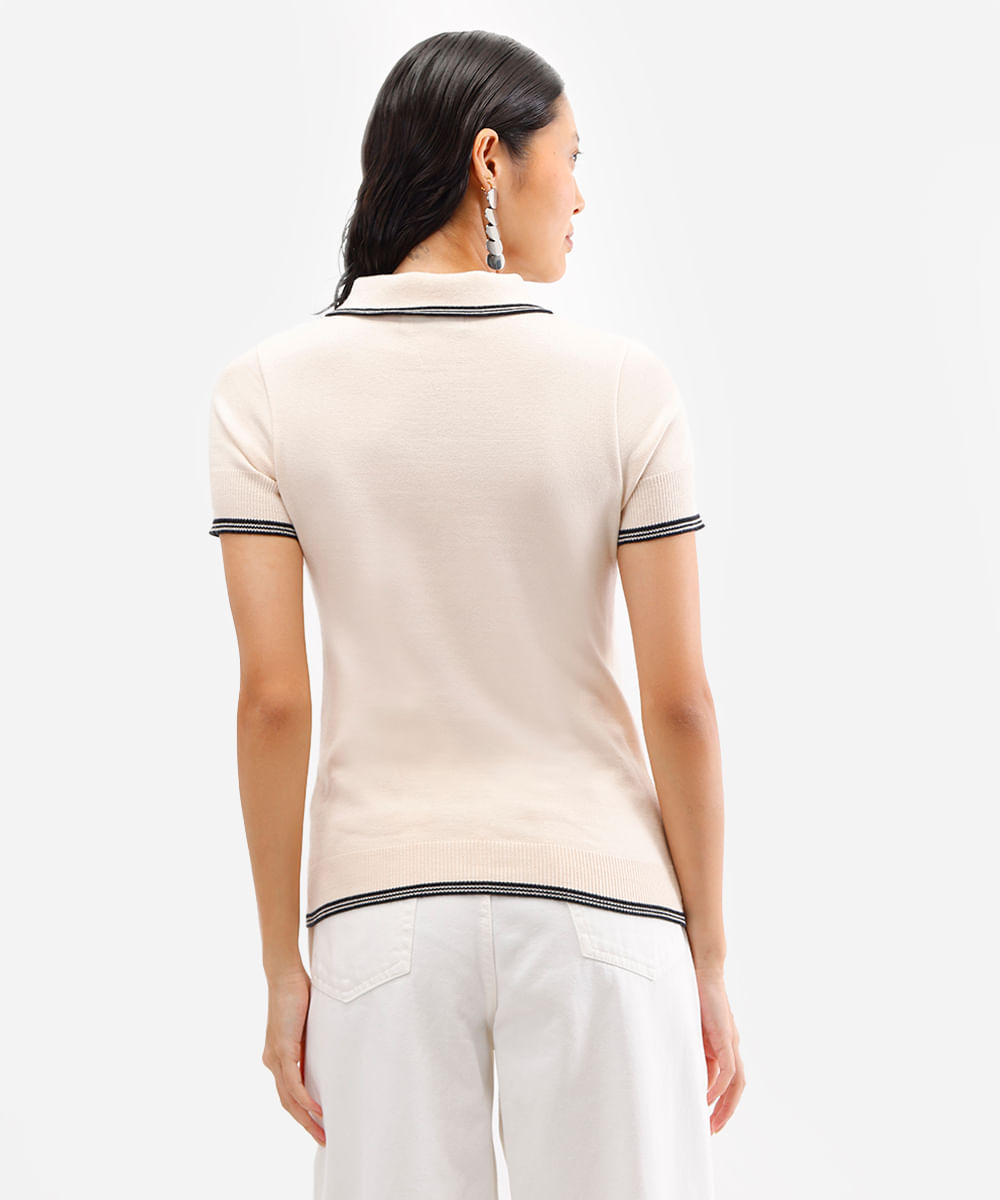 polo feminina de tricot manga curta off white