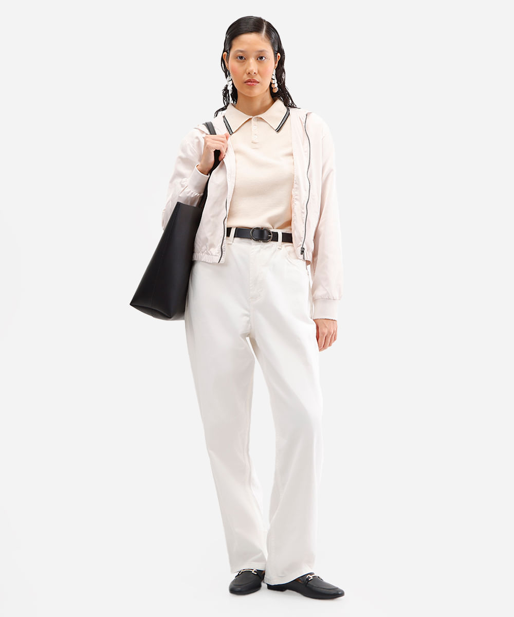polo feminina de tricot manga curta off white