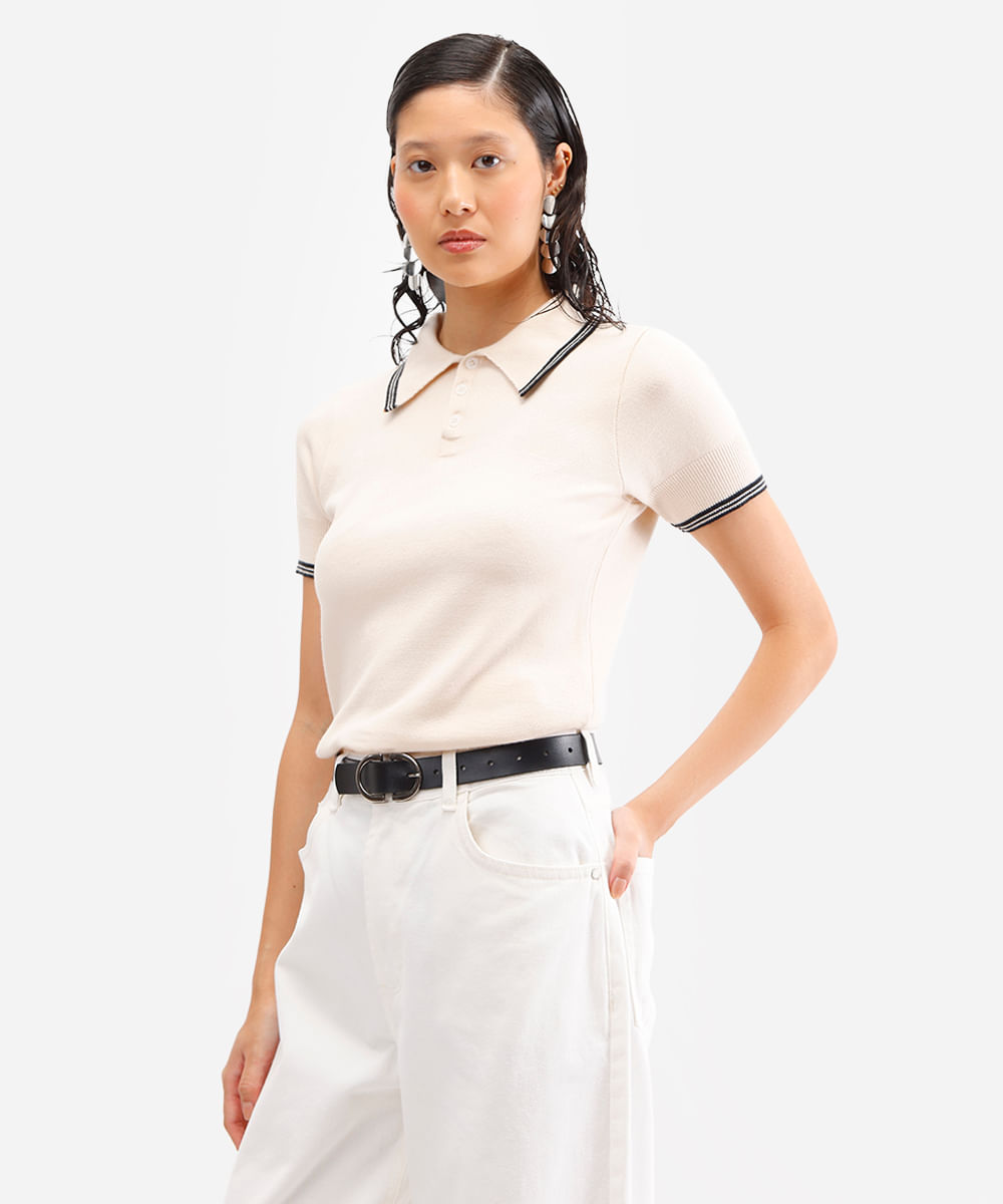 polo feminina de tricot manga curta off white