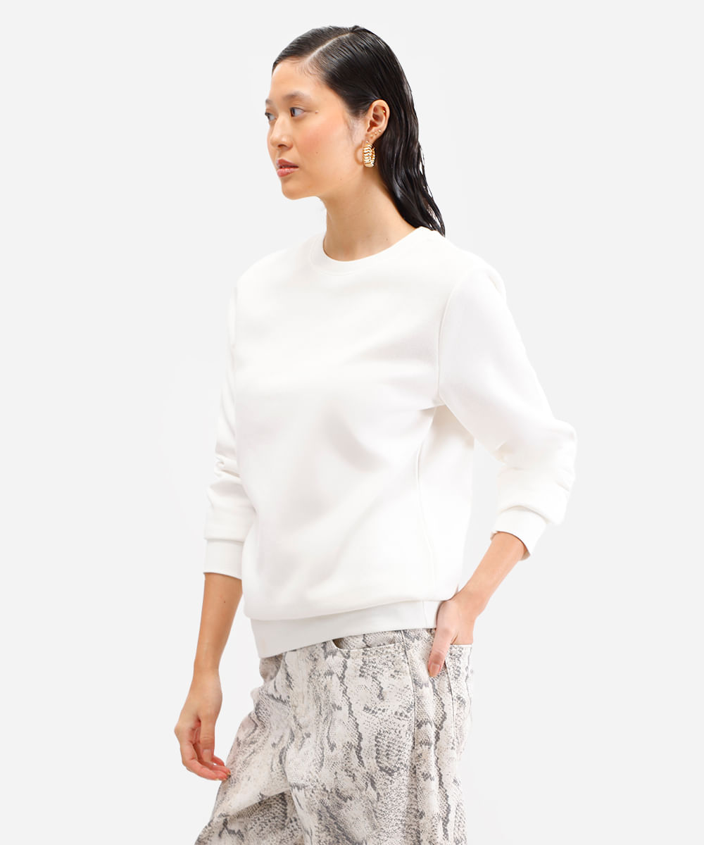 blusa básica feminina de moletom manga longa off white