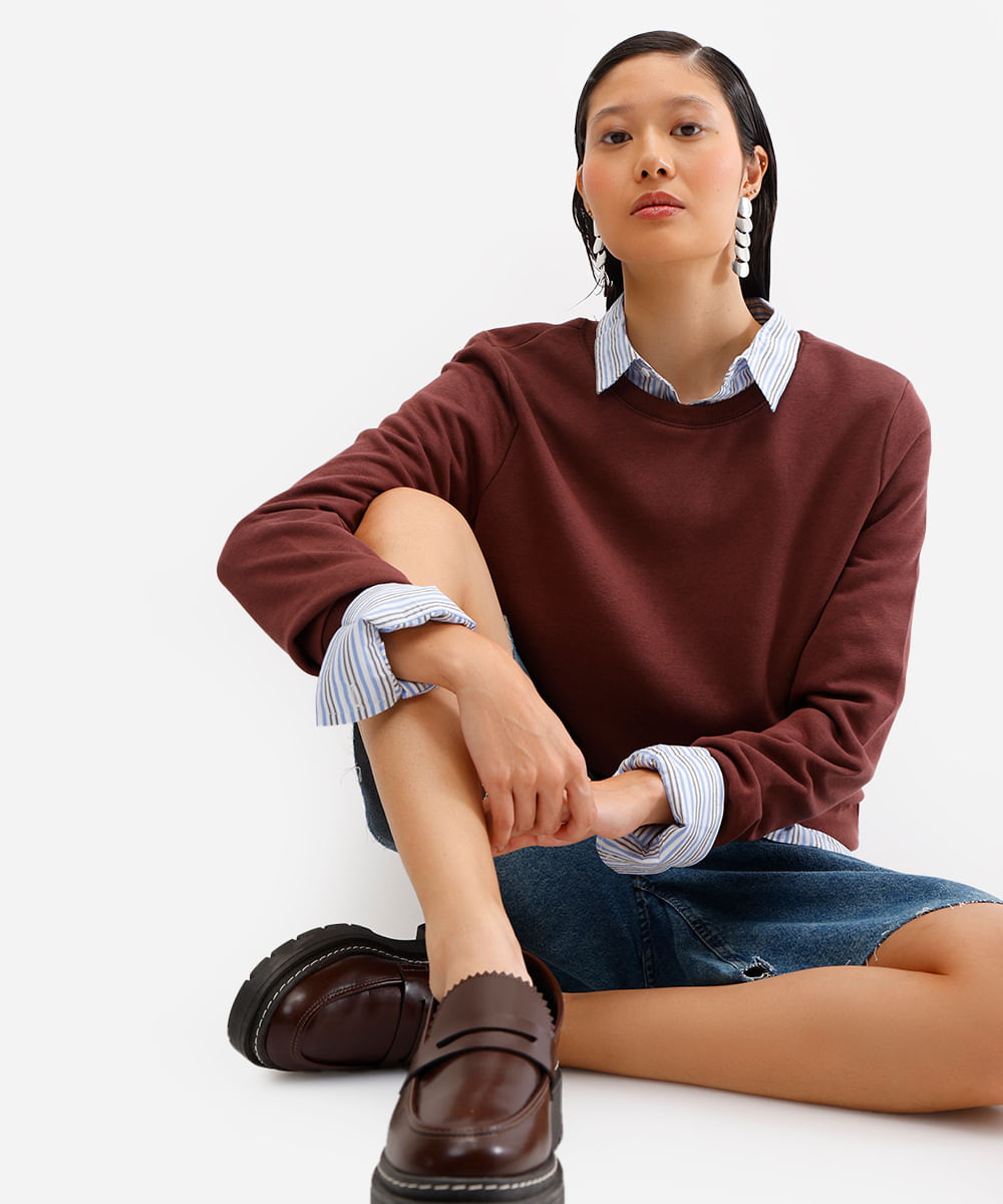 blusa básica feminina de moletom manga longa marrom