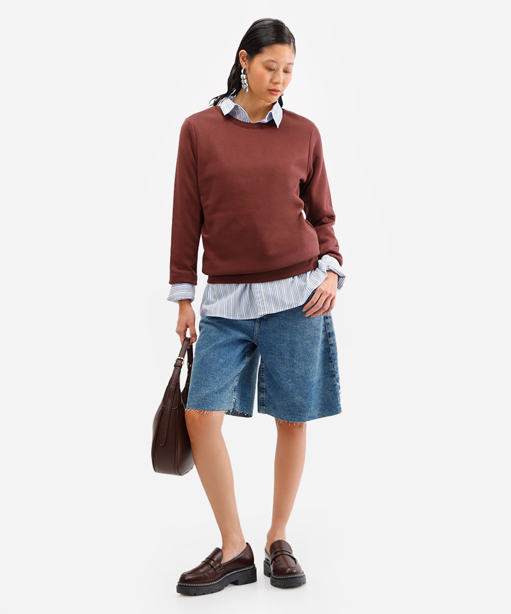 blusa básica feminina de moletom manga longa marrom