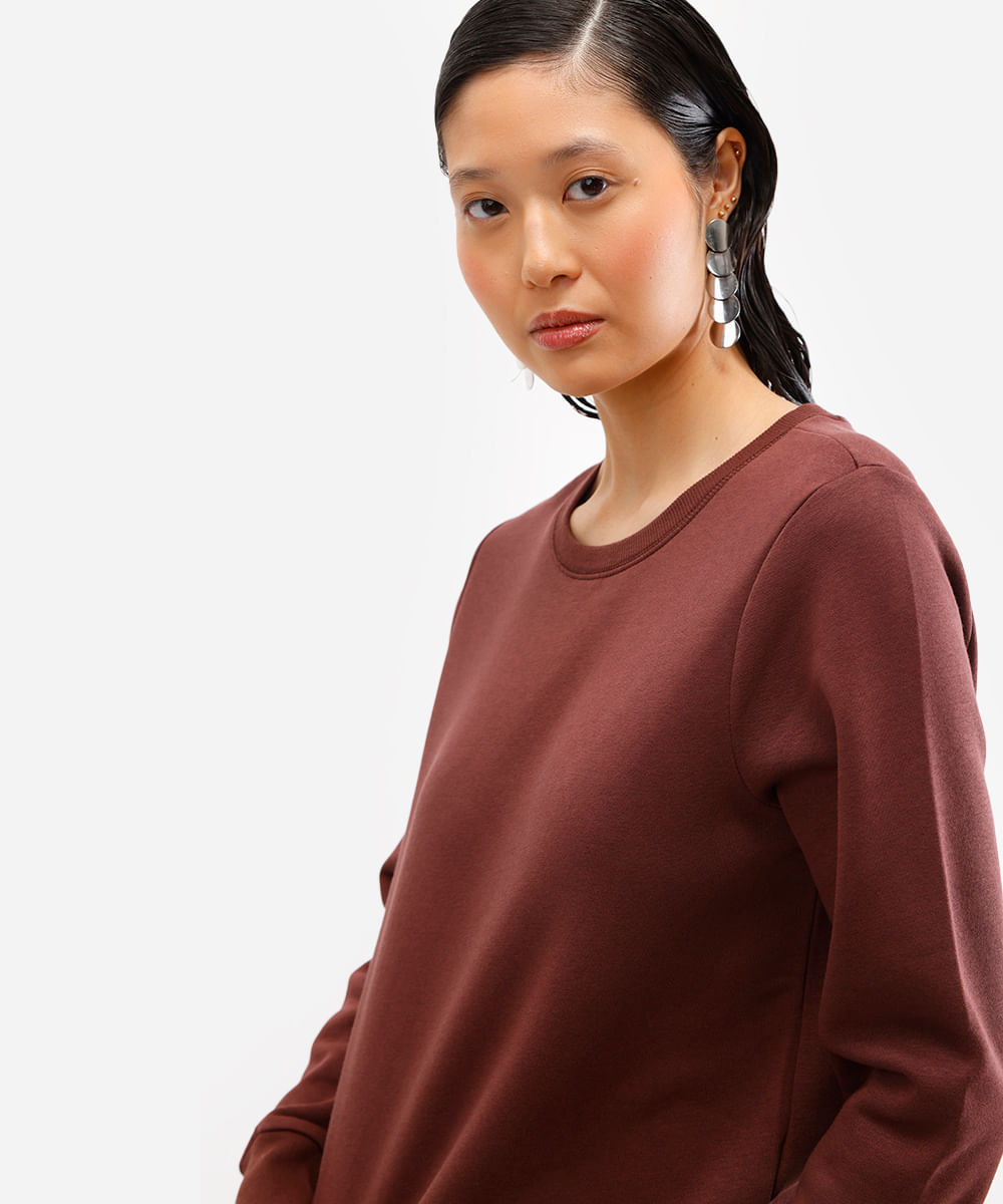 blusa básica feminina de moletom manga longa marrom