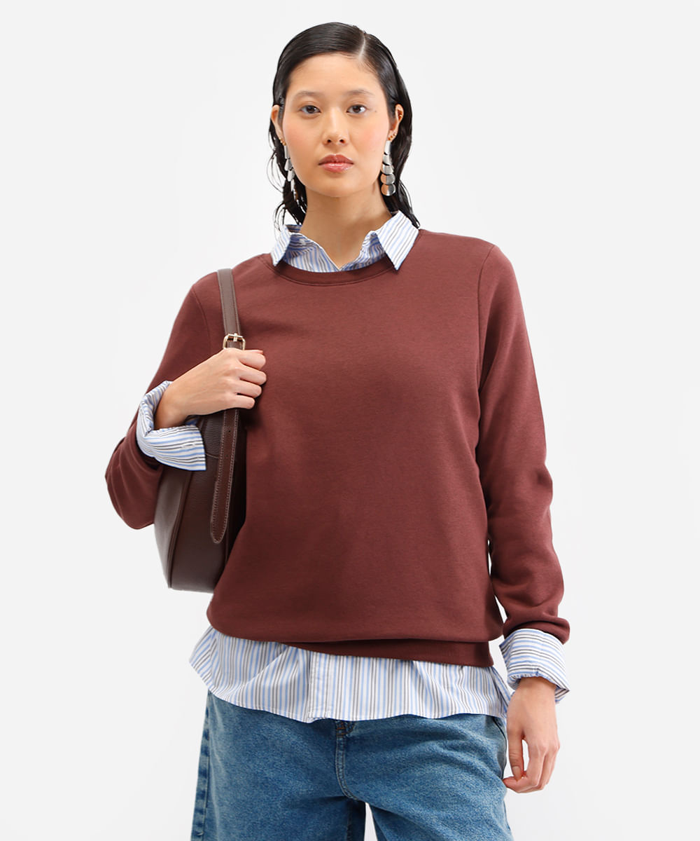 blusa básica feminina de moletom manga longa marrom