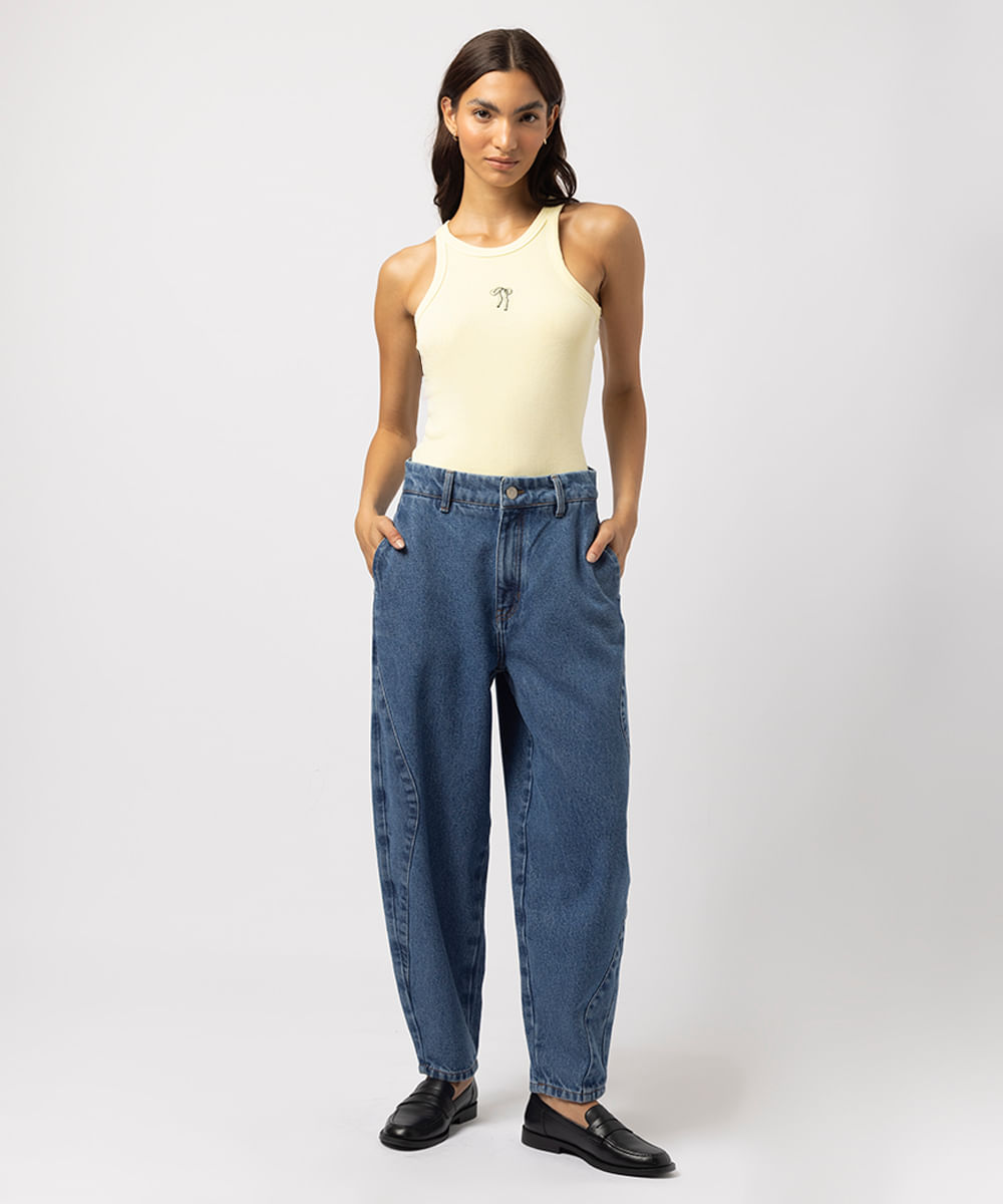 calça barrel feminina jeans com recorte mindset lo de lui azul