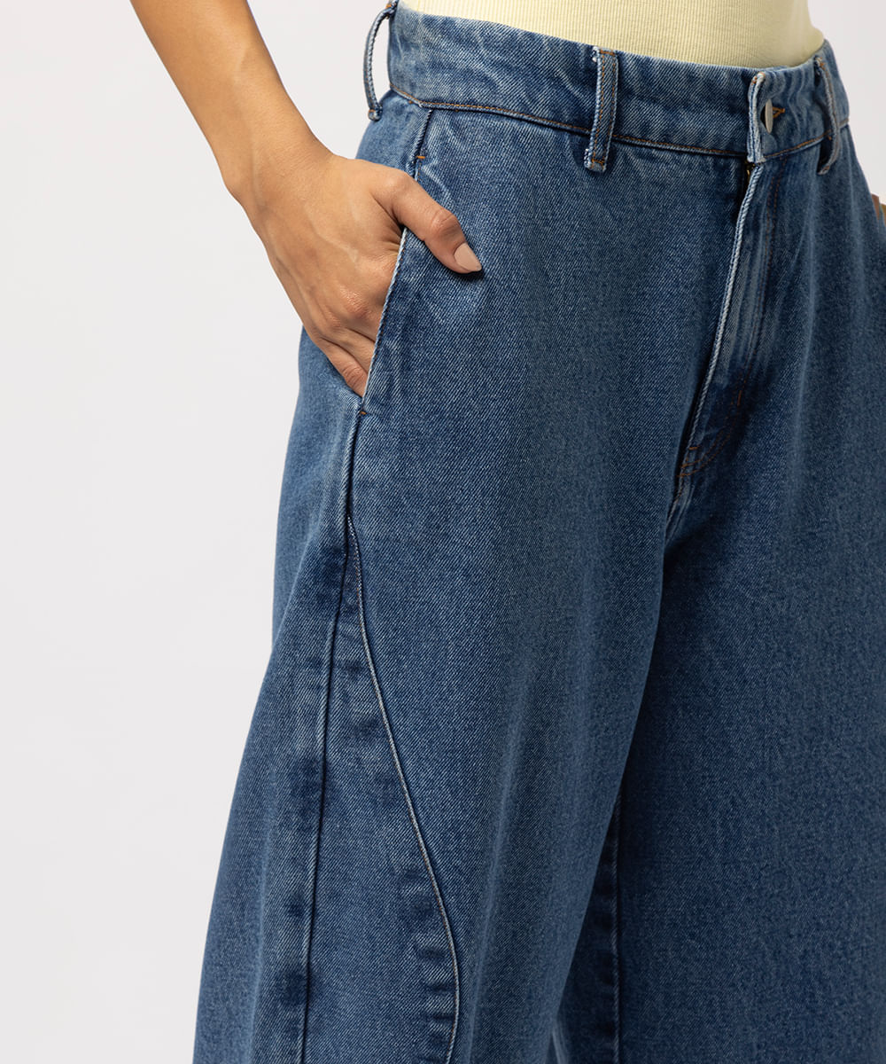 calça barrel feminina jeans com recorte mindset lo de lui azul