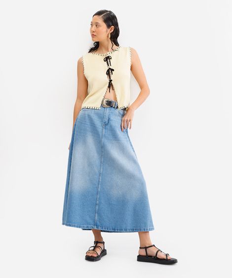 saia longa feminina evasê jeans azul