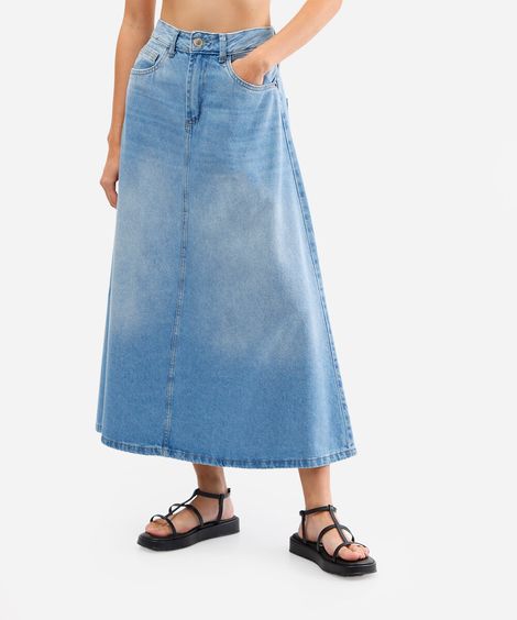 saia longa feminina evasê jeans azul