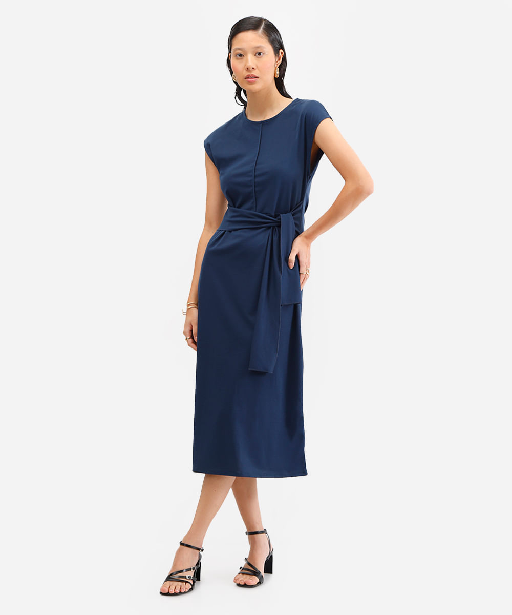 vestido midi feminino com faixa azul