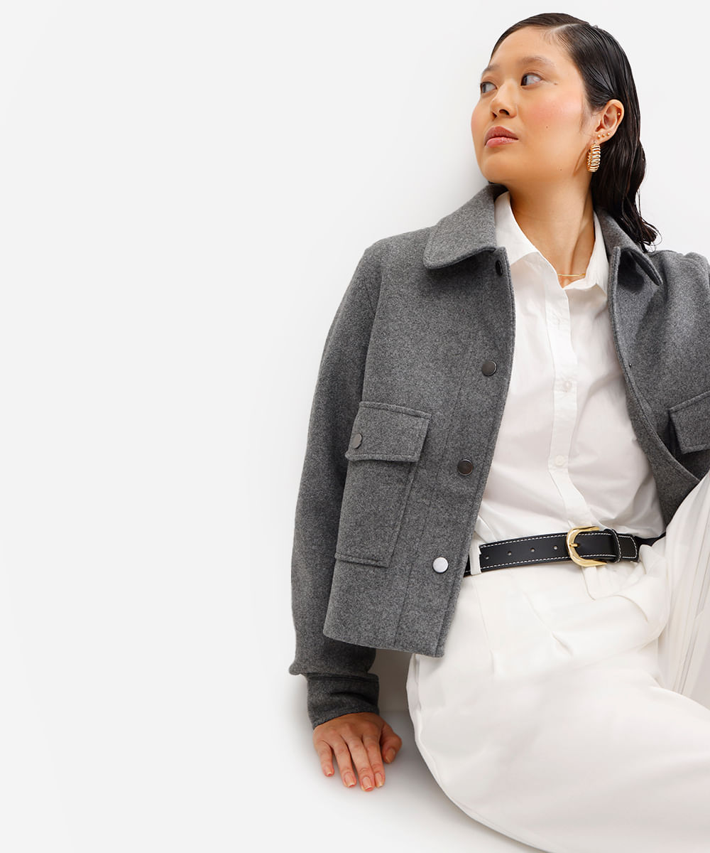 jaqueta feminina texturizada manga longa cinza