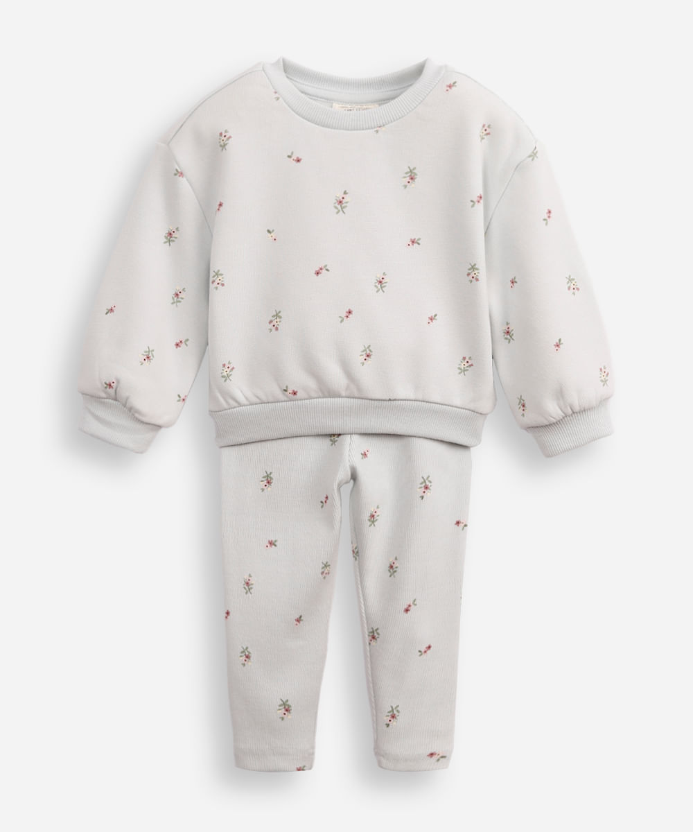 conjunto infantil longo de moletom floral azul