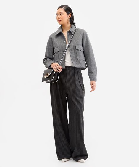 calça baggy feminina de alfaiataria risca de giz cinza