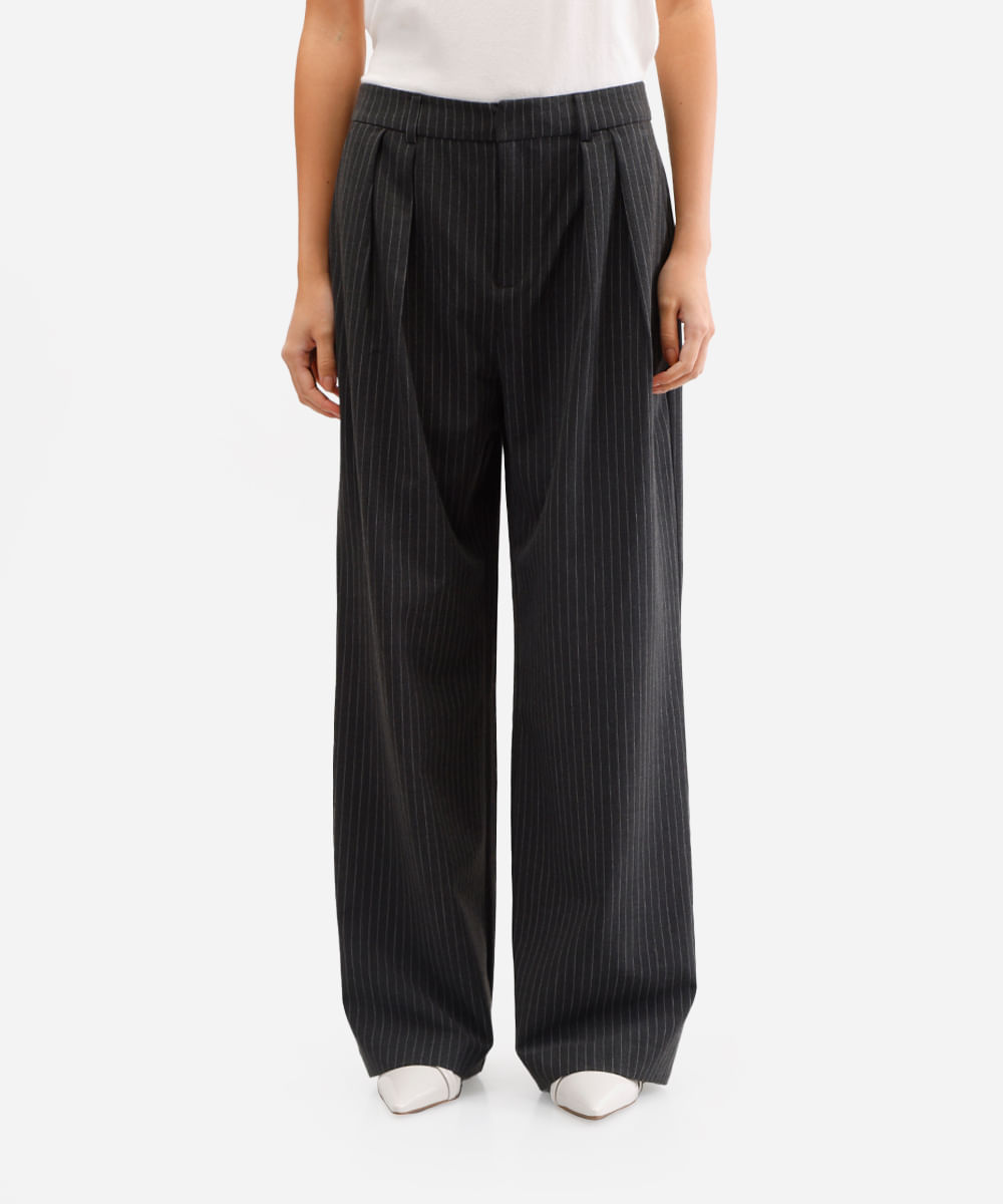 calça baggy feminina de alfaiataria risca de giz cinza