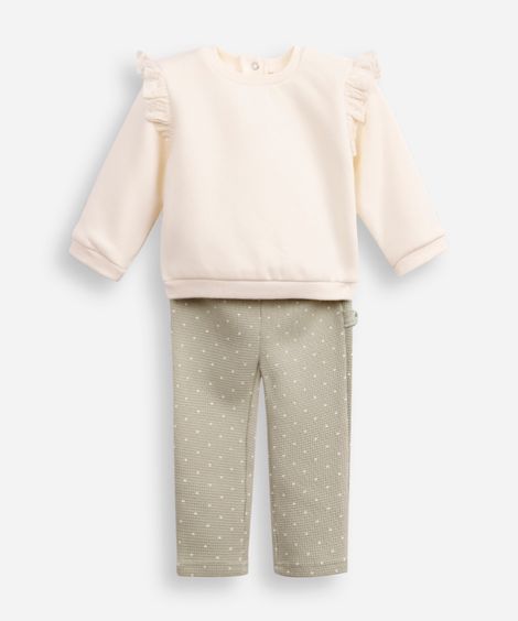 conjunto infantil longo de moletom poá e babado off white