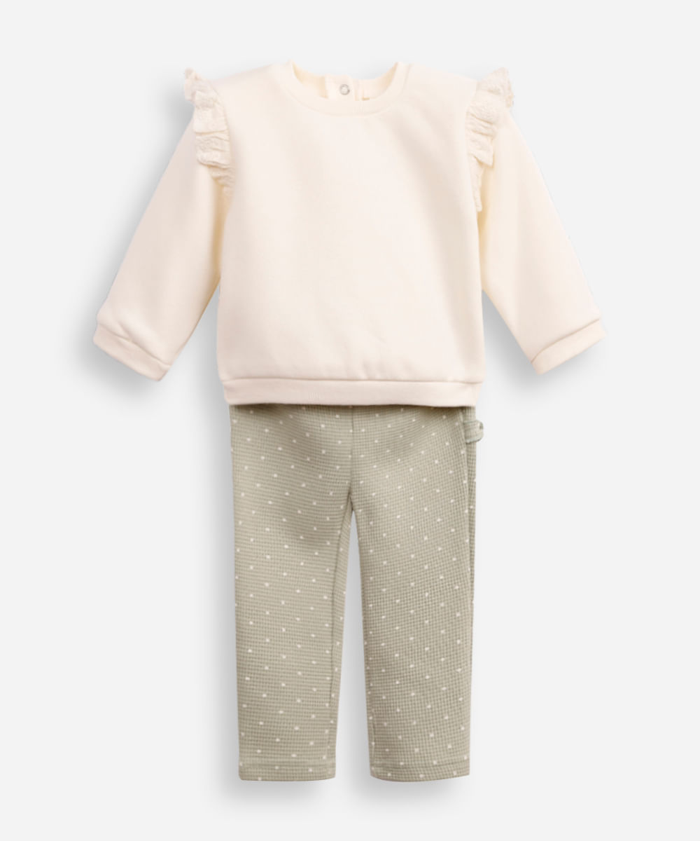 conjunto infantil longo de moletom poá e babado off white
