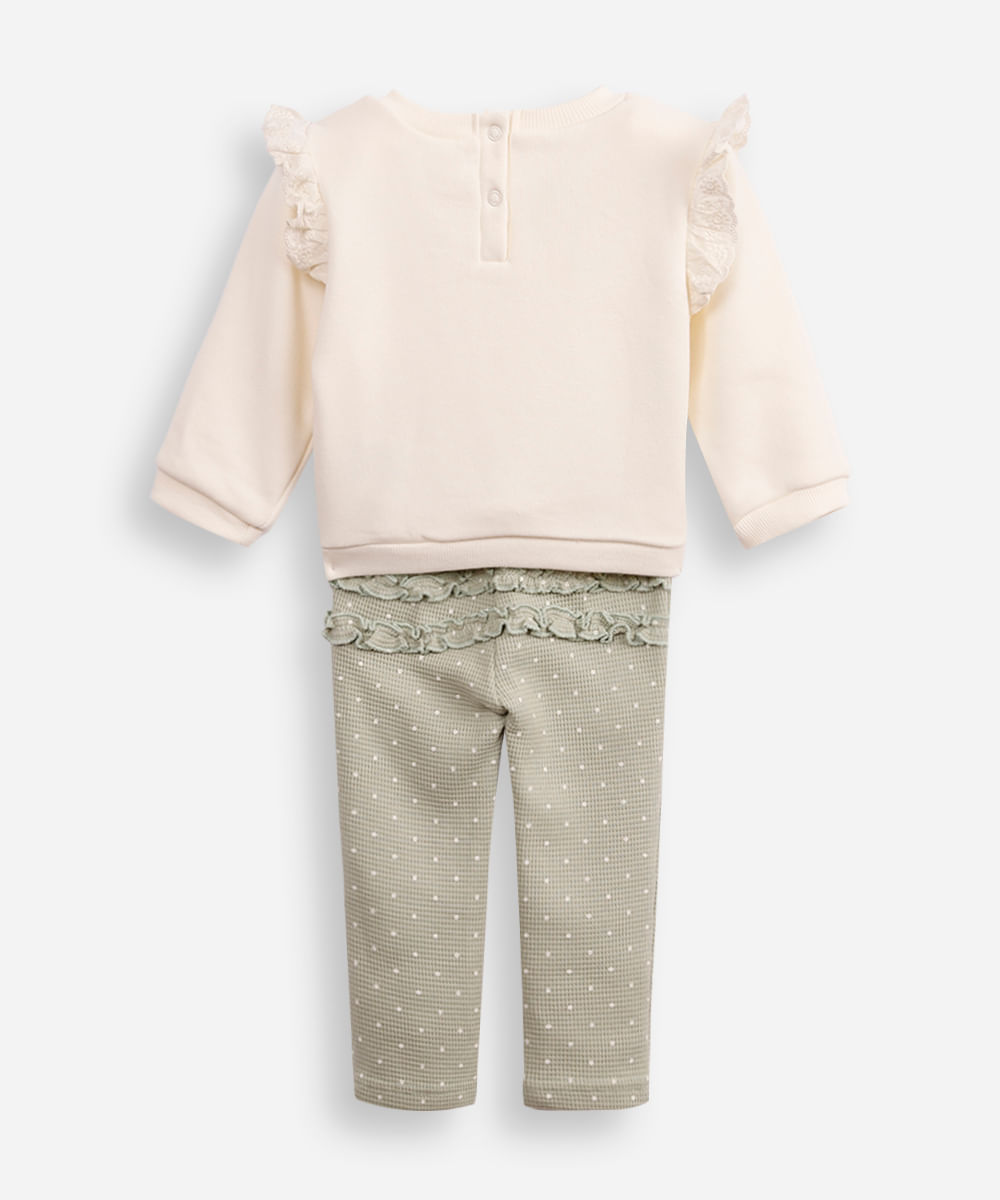 conjunto infantil longo de moletom poá e babado off white