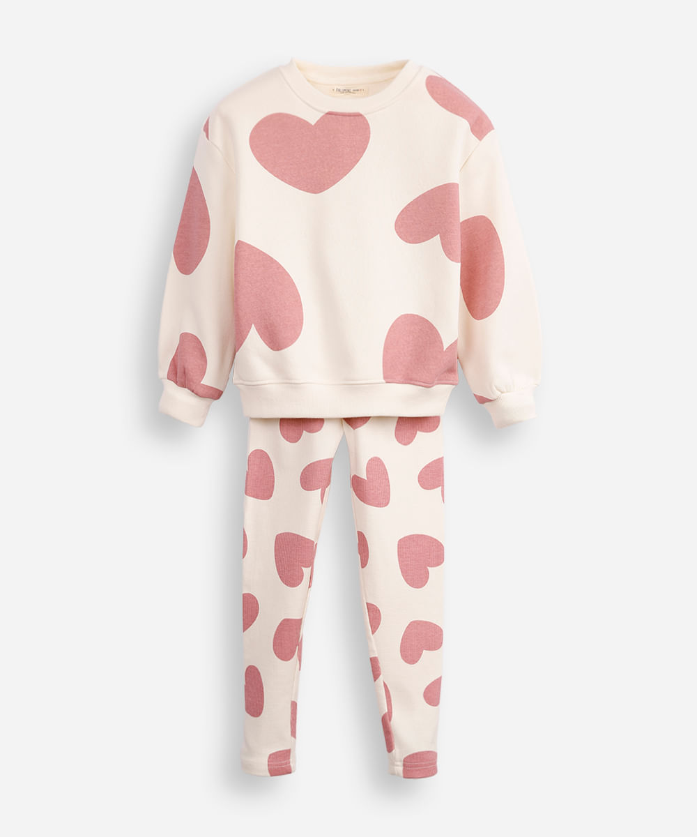 conjunto infantil longo de moletom coração off white