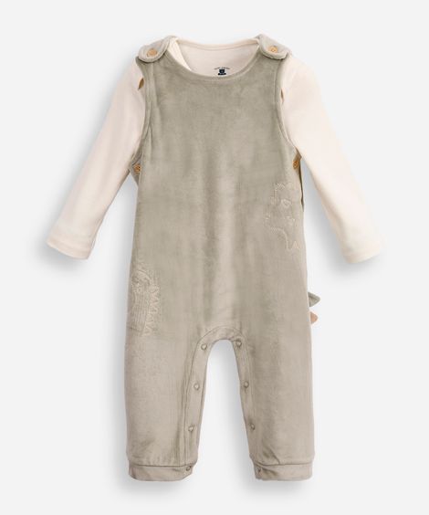 jardineira longa infantil de plush com blusa dinossauro verde
