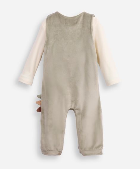 jardineira longa infantil de plush com blusa dinossauro verde
