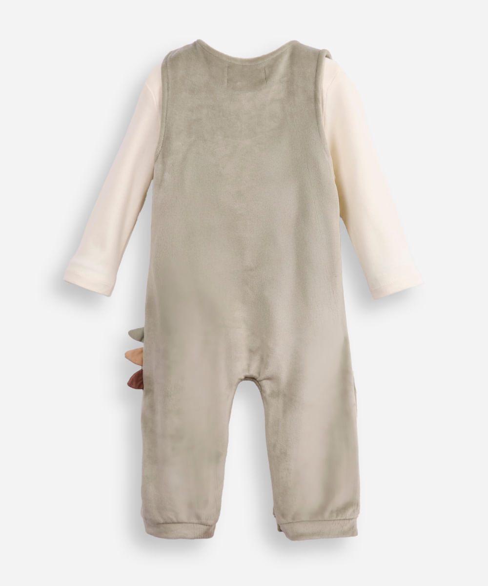 jardineira longa infantil de plush com blusa dinossauro verde