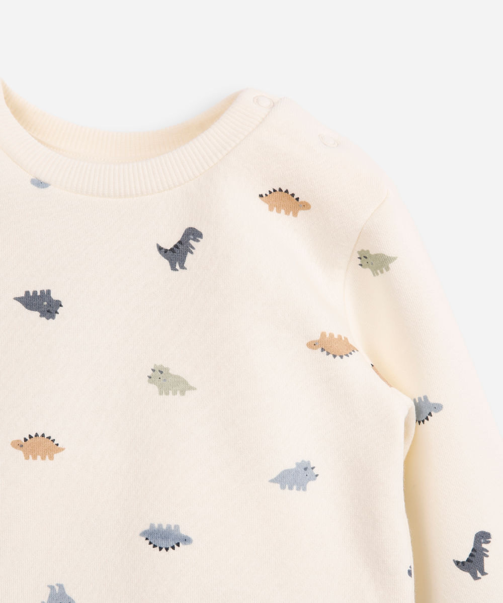 conjunto infantil longo de moletom dinossauro off white