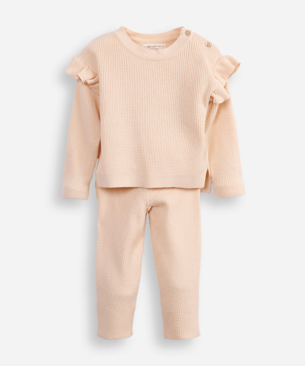 conjunto infantil longo de tricot texturizado com babado bege
