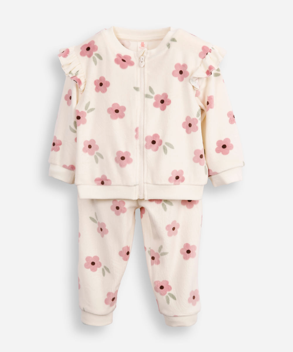 conjunto infantil longo de pelúcia floral off white