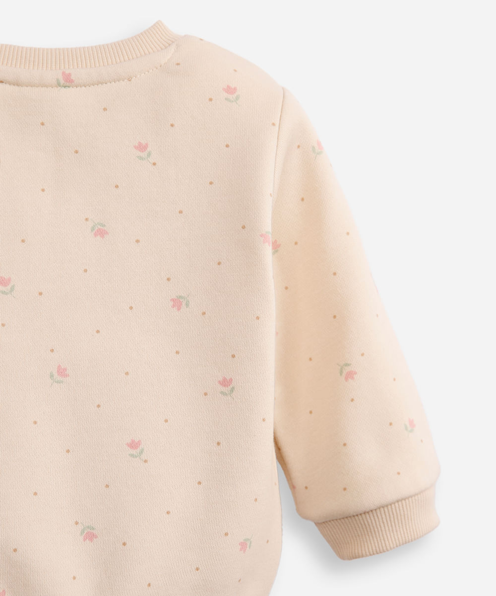 conjunto infantil longo de moletom floral bege