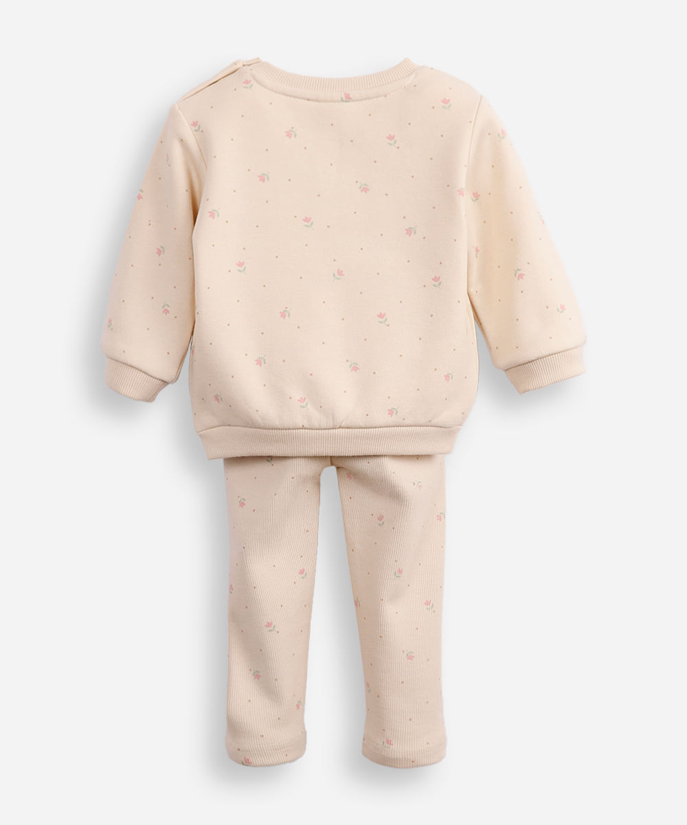 conjunto infantil longo de moletom floral bege