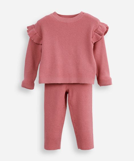 conjunto infantil longo de tricot texturizado com babado rosa