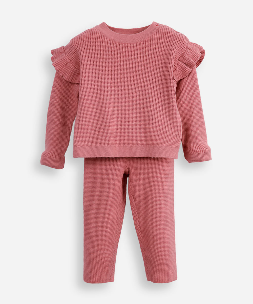 conjunto infantil longo de tricot texturizado com babado rosa