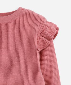 conjunto infantil longo de tricot texturizado com babado rosa