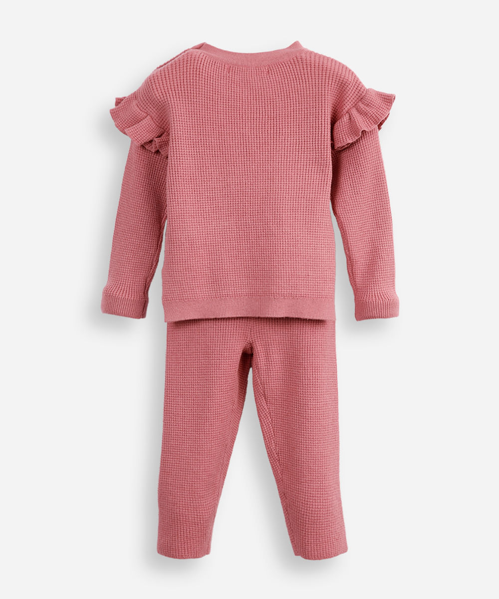 conjunto infantil longo de tricot texturizado com babado rosa