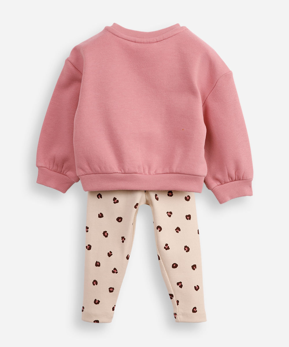 conjunto infantil longo de moletom animal print rosa