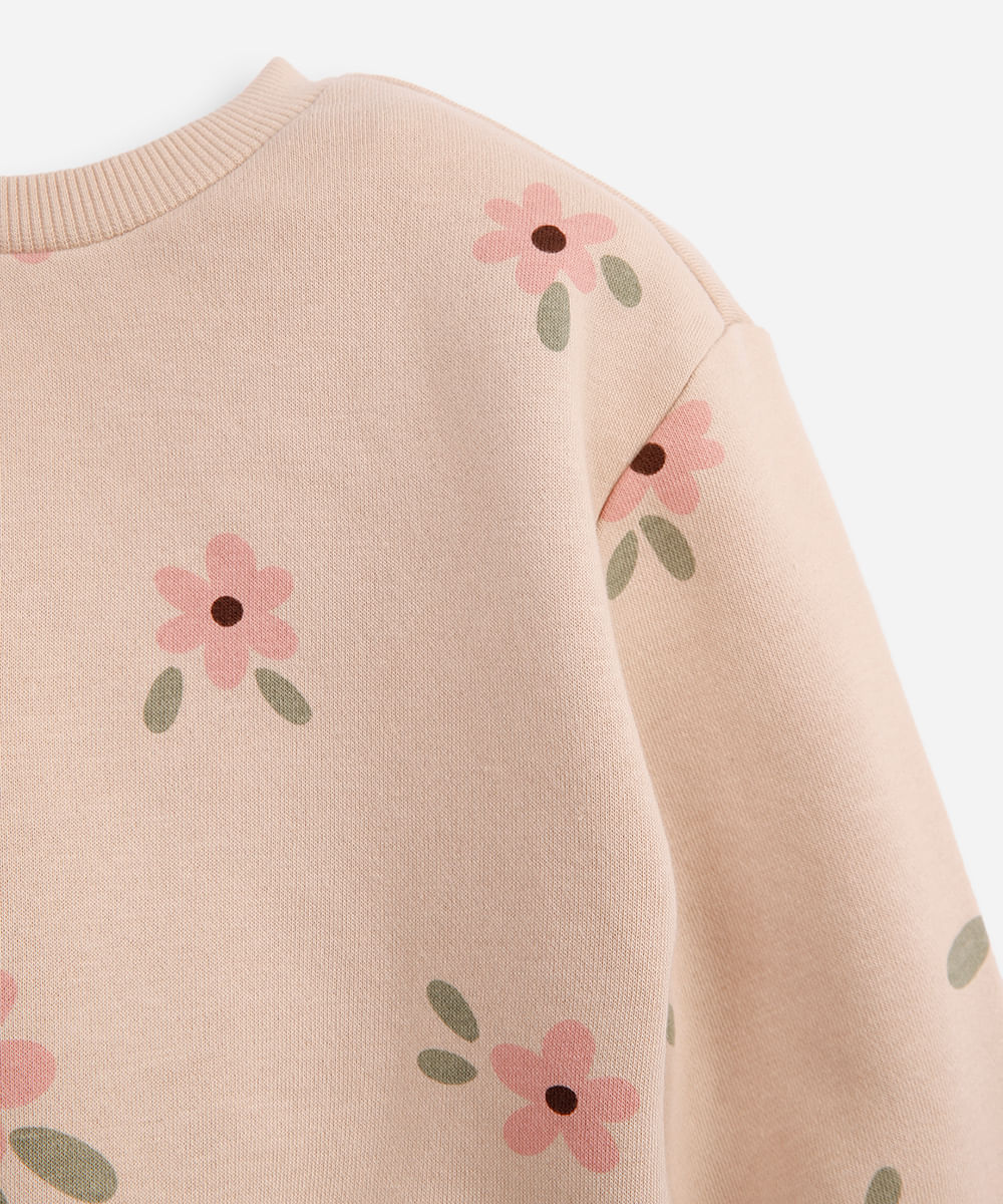 conjunto infantil longo de moletom floral bege