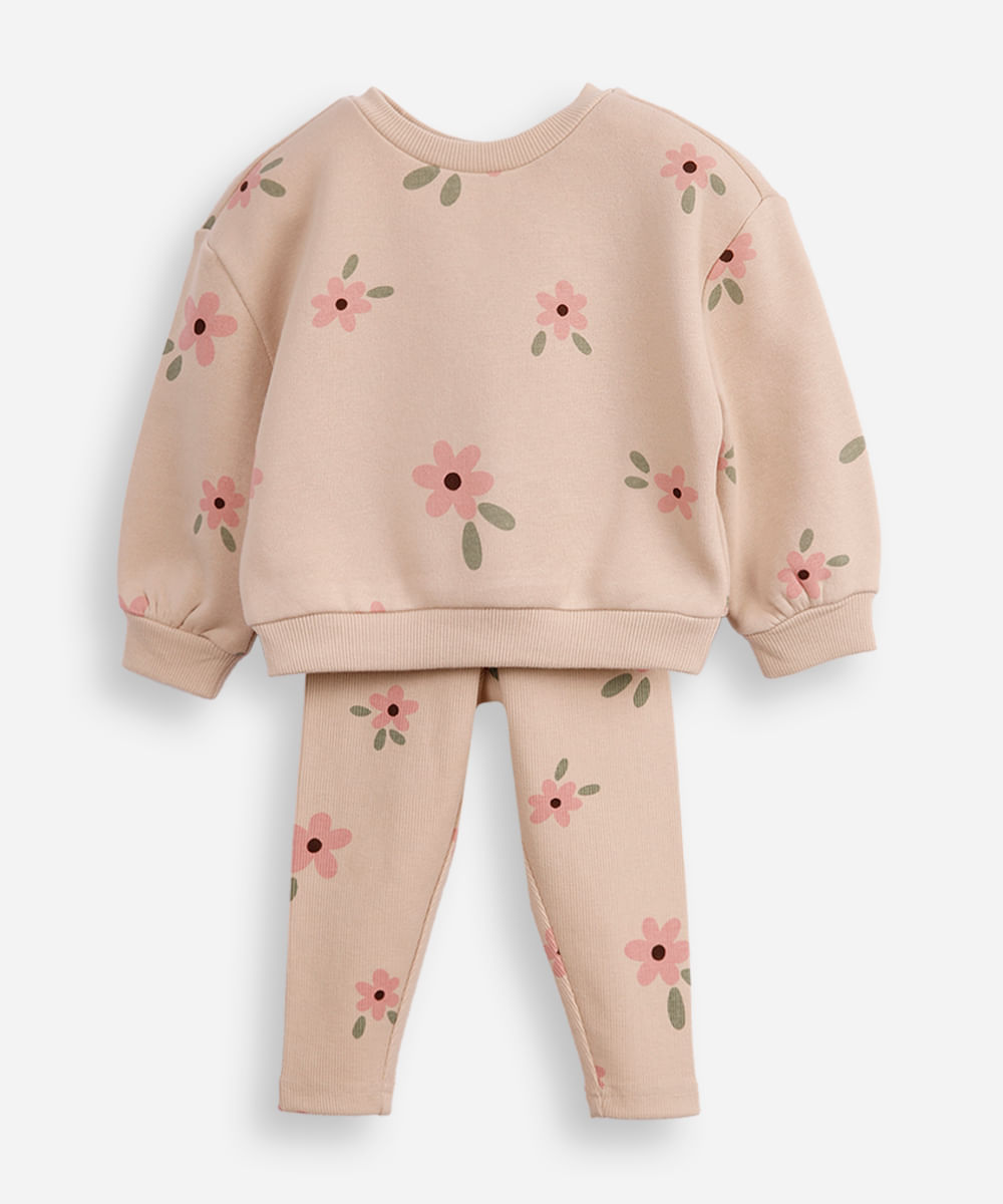 conjunto infantil longo de moletom floral bege