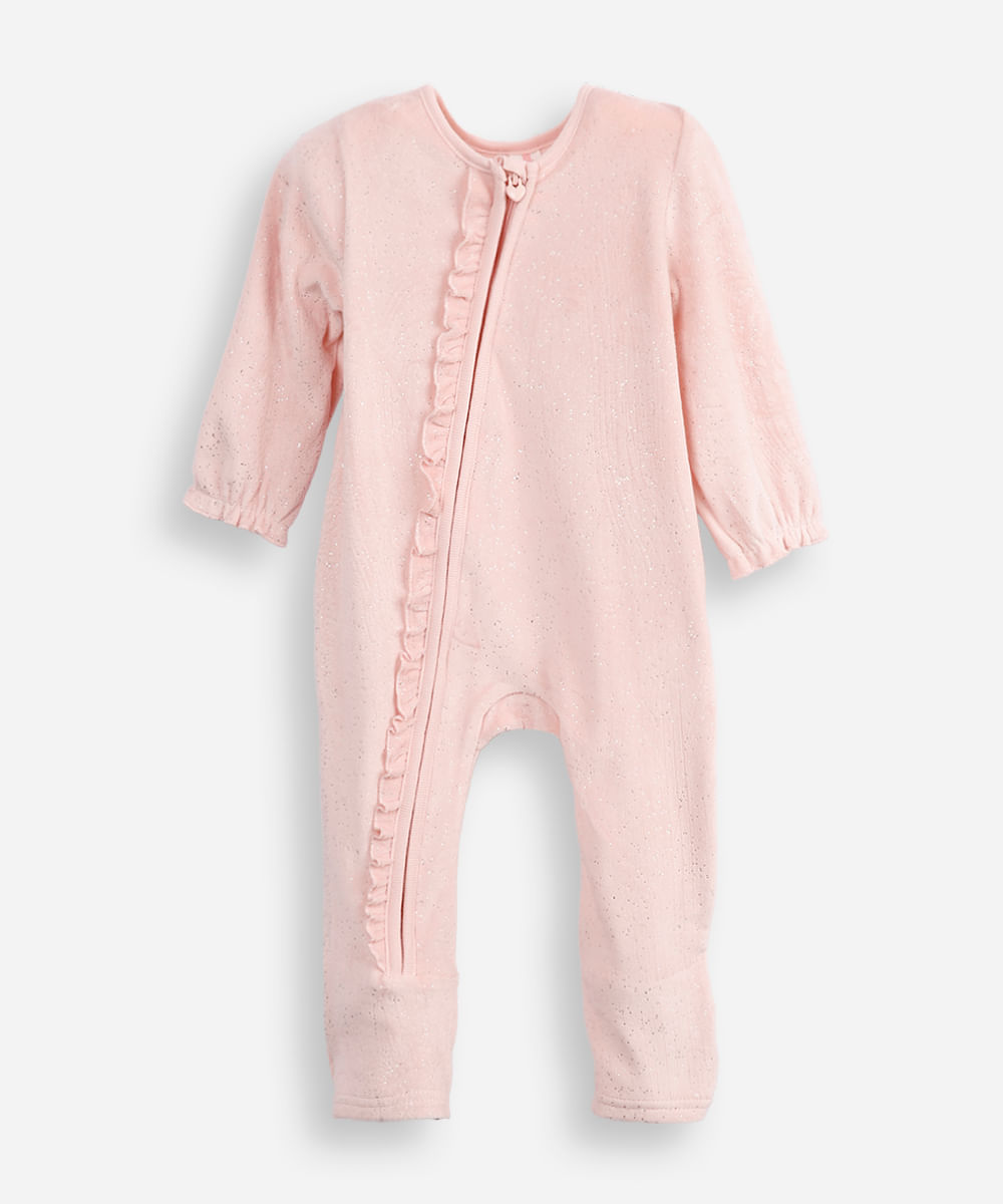 macacão de plush infantil com glitter e babado rosa