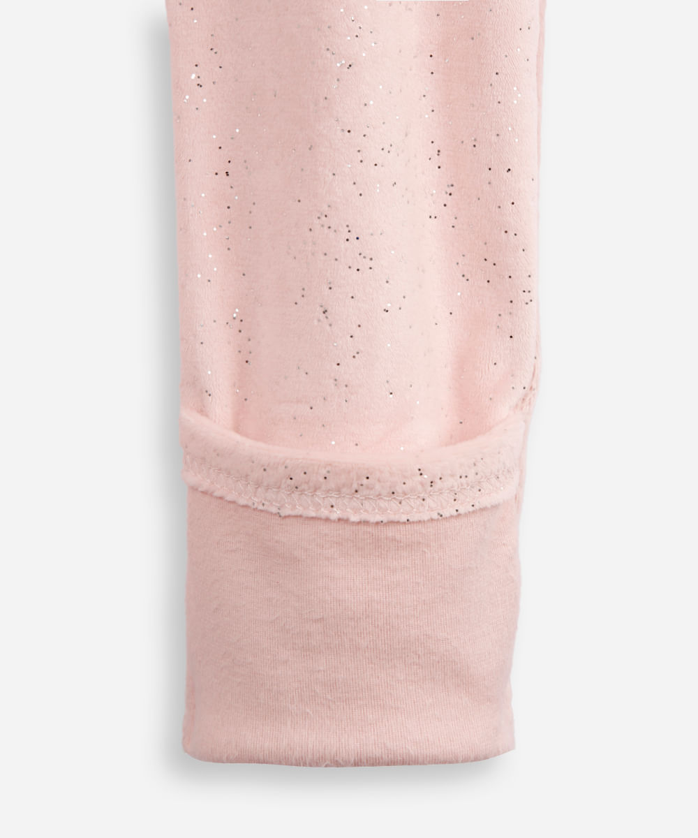 macacão de plush infantil com glitter e babado rosa