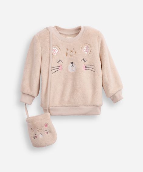 blusão de pelúcia infantil oncinha com bolsinha bege