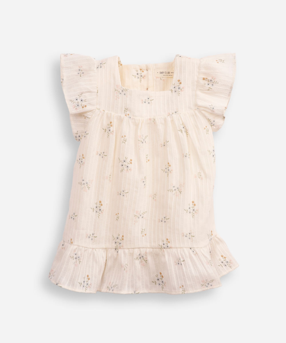 vestido midi infantil de algodão texturizado floral off white