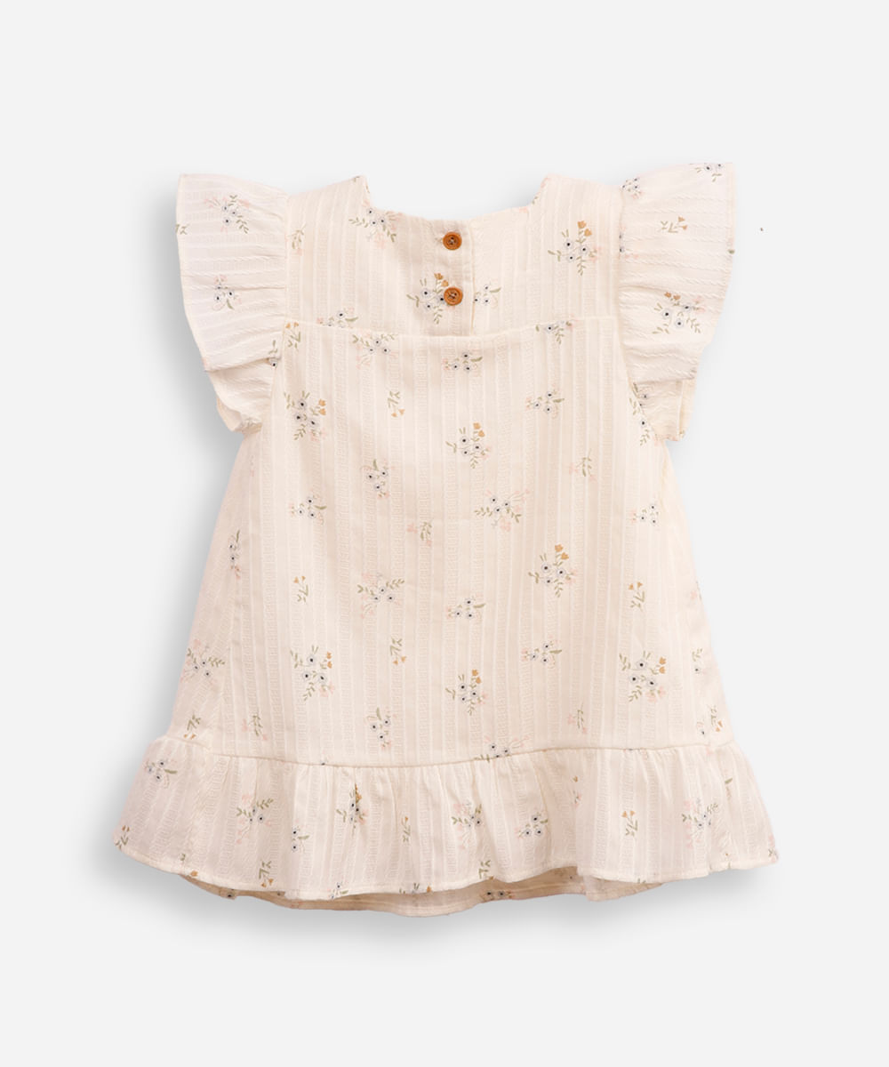 vestido midi infantil de algodão texturizado floral off white